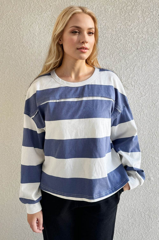 Oh Pima Cotton Wash Exposed Seam Contrast Striped Round Neck Long Sleeve T-Shirt - Hovatok