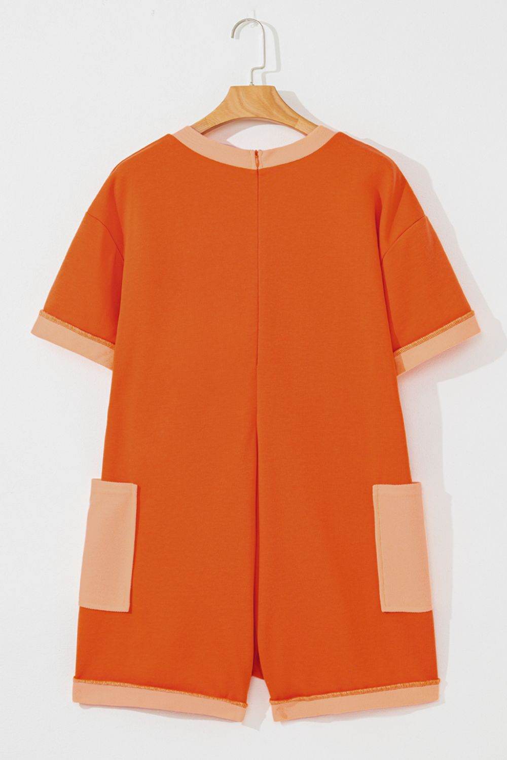 Two-Tone Short Sleeve V Neck Patched Pocket Romper - Hovatok