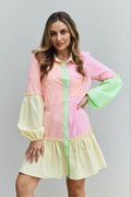 Davi & Dani Flying Colors Full Size Colorblock Long Sleeve Shirt Dress - Hovatok