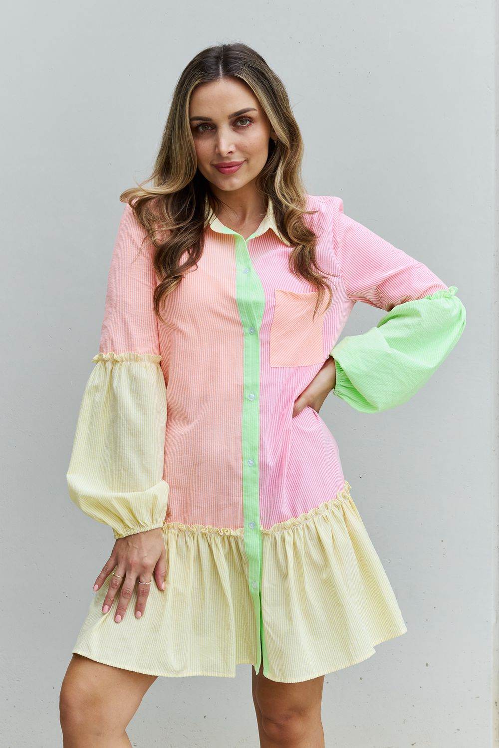 Davi & Dani Flying Colors Full Size Colorblock Long Sleeve Shirt Dress - Hovatok