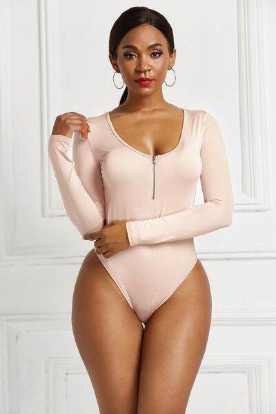 Half Zip Scoop Neck Long Sleeve Bodysuit - Hovatok