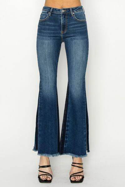 RISEN Full Size High Rise Side Shadow Seam Detail Slit Flare Jeans - Hovatok