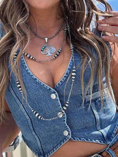 Buttoned V-Neck Denim Top - Hovatok