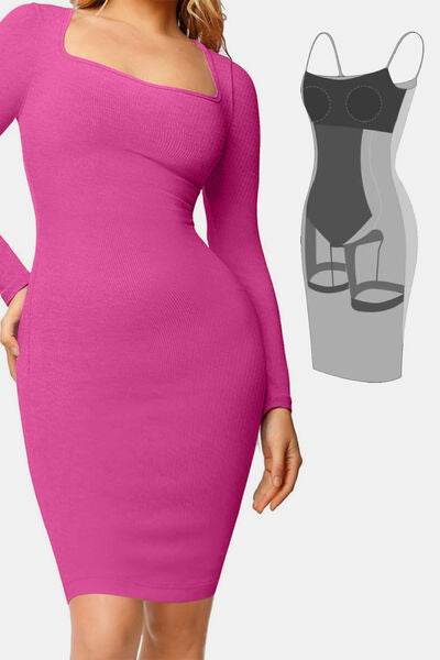 Basic Bae Full Size Built-In Shapewear Square Neck Long Sleeve Dress - Hovatok