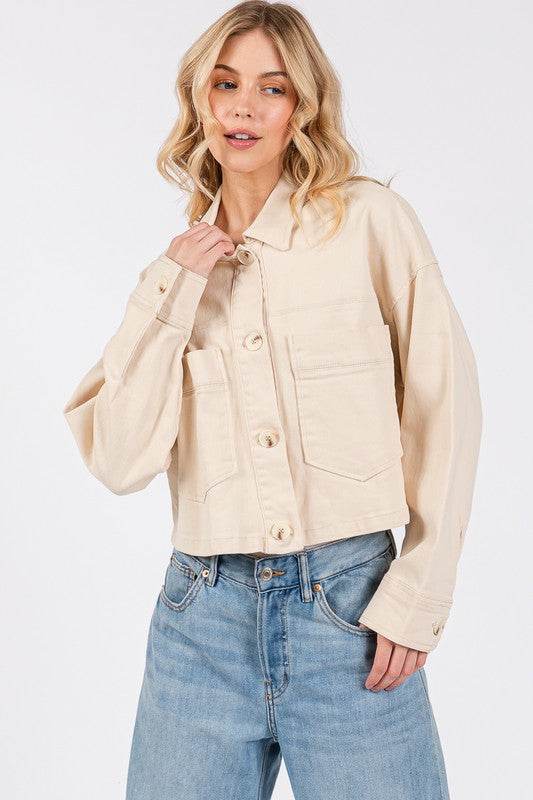 bytos Button Down Cropped Denim Jacket with Patch Pockets - Hovatok