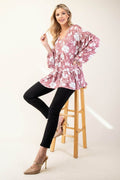 Celeste Full Size Tiered Floral V-Neck Long Sleeve Blouse - Hovatok