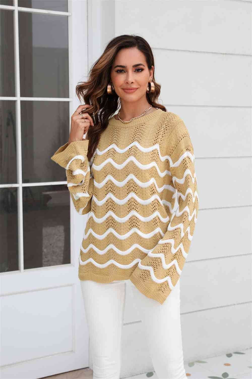 Angel Wings Wave Pattern Round Neck Long Sleeve Sweater - Hovatok