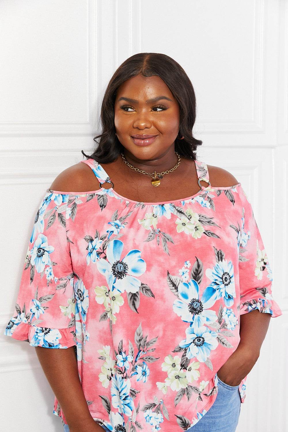 Sew In Love Full Size Fresh Take Floral Cold-Shoulder Top - Hovatok