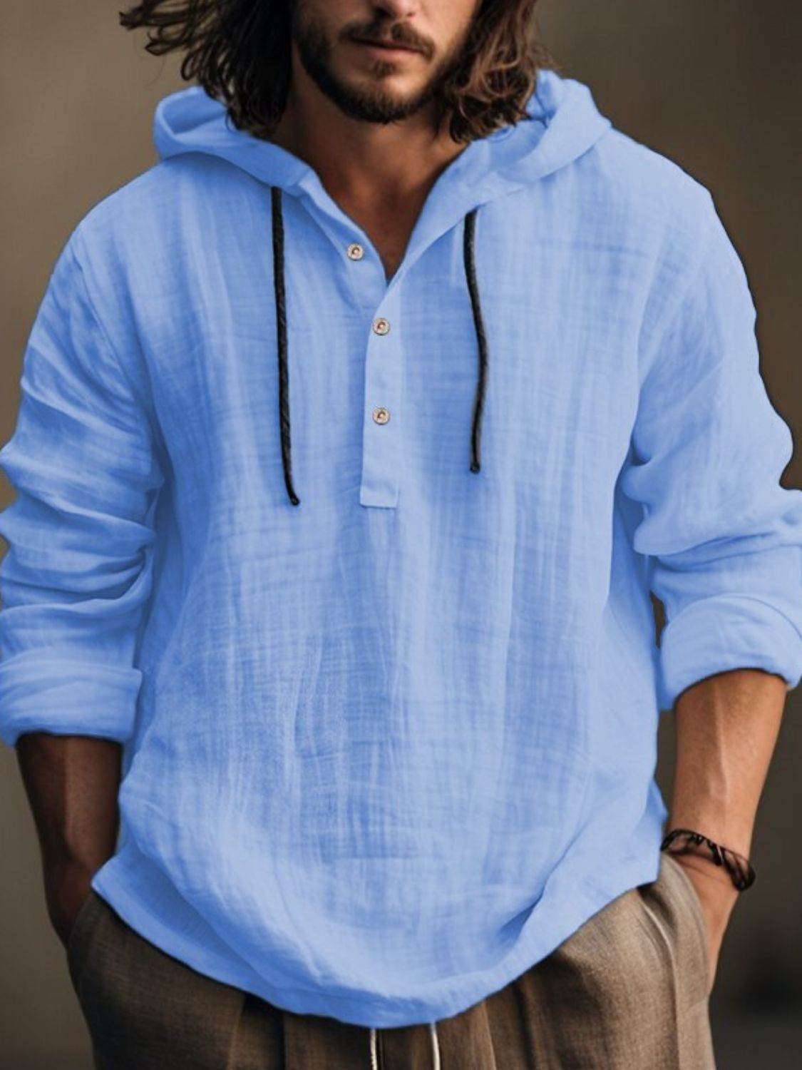 Men's Full Size Half Button Long Sleeve Hoodie - Hovatok