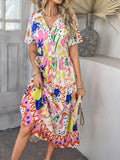 Devine Printed Johnny Collar Button Down Short Sleeve Midi Shirt Dress - Hovatok