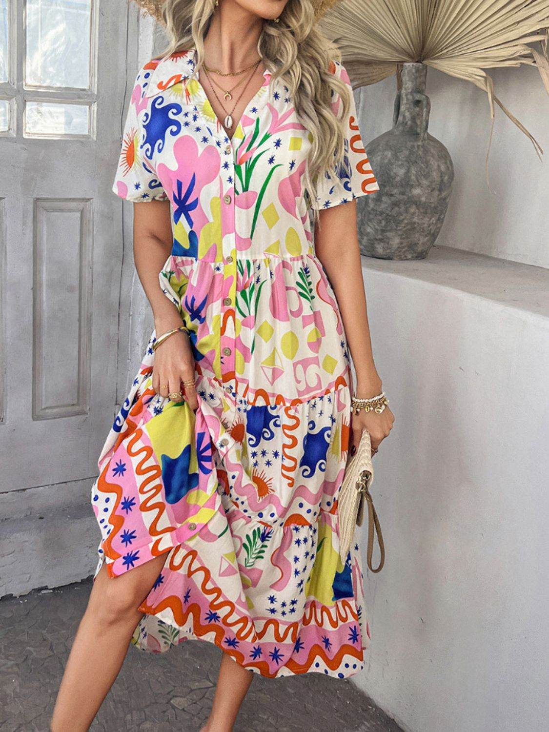 Devine Printed Johnny Collar Button Down Short Sleeve Midi Shirt Dress - Hovatok