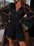 Sequin Surplice Long Sleeve Dress - Hovatok