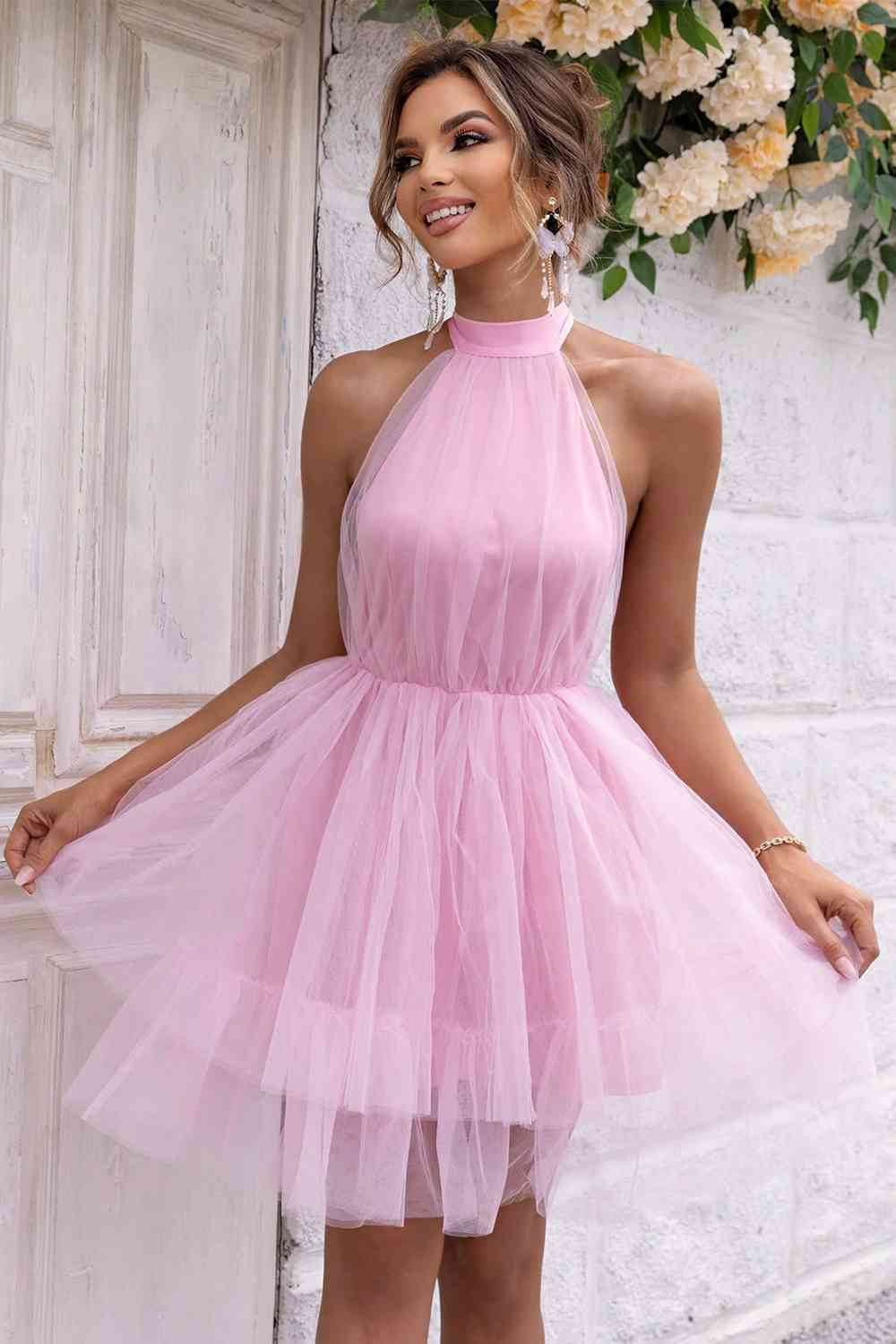 Halter Neck Backless Mesh Dress - Hovatok