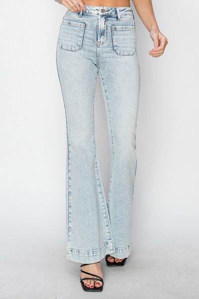Risen Full Size High Rise Front Patch Pocket Flare Jeans - Hovatok