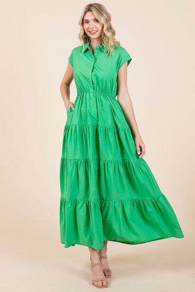 Mittoshop Button Up Collared Tiered Maxi Shirt Dress - Hovatok