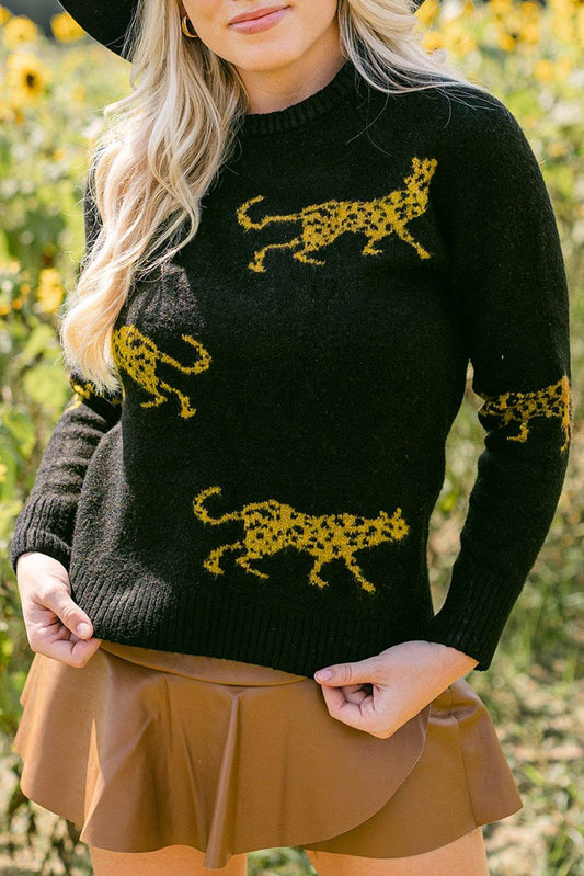 Animal Print Round Neck Sweater - Hovatok