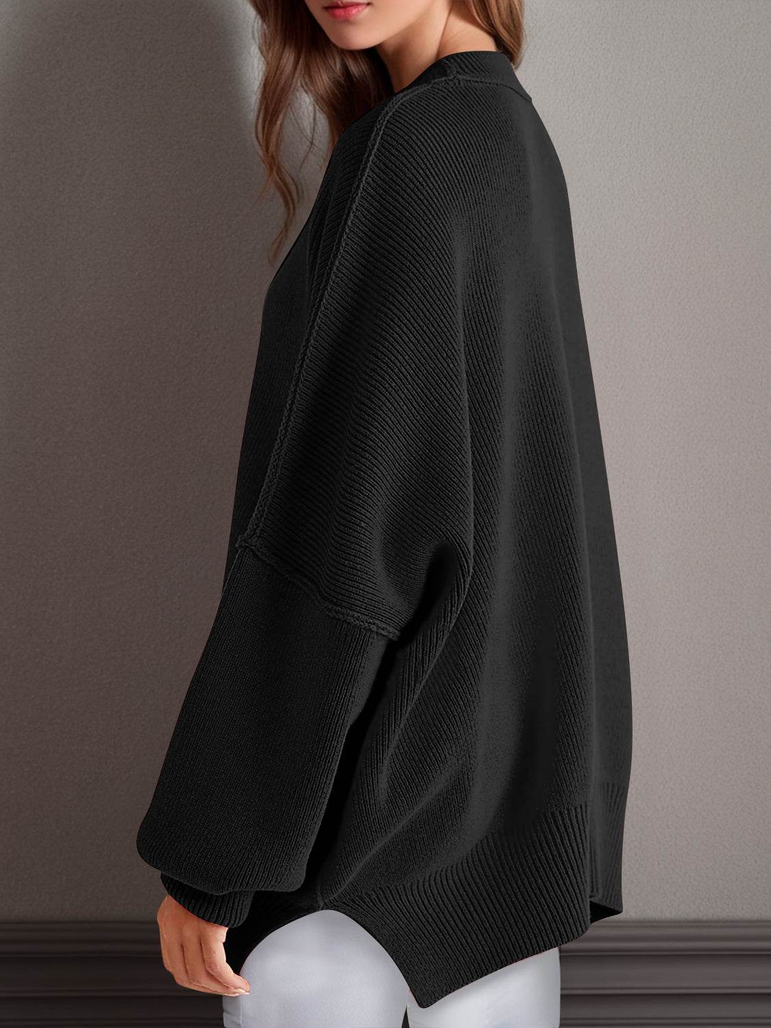 Double Take Side Slit Round Neck Long Sleeve Sweater - Hovatok