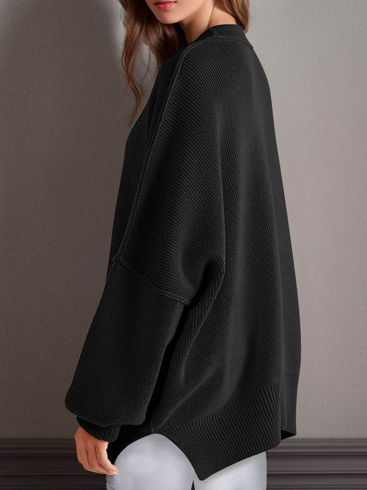 Double Take Side Slit Round Neck Long Sleeve Sweater - Hovatok
