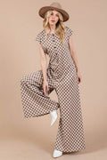 Ces Femme Checkered Half Button Cap Sleeve Jumpsuit - Hovatok