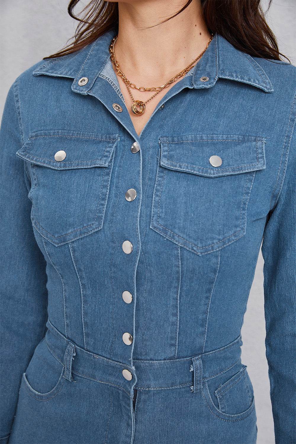 Snap Down Denim Jumpsuit with Pockets - Hovatok