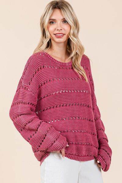Mittoshop Openwork Round Neck Drop Shoulder Sweater - Hovatok