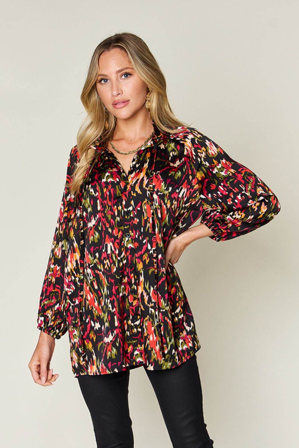 Double Take Full Size Printed Button Up Long Sleeve Shirt - Hovatok