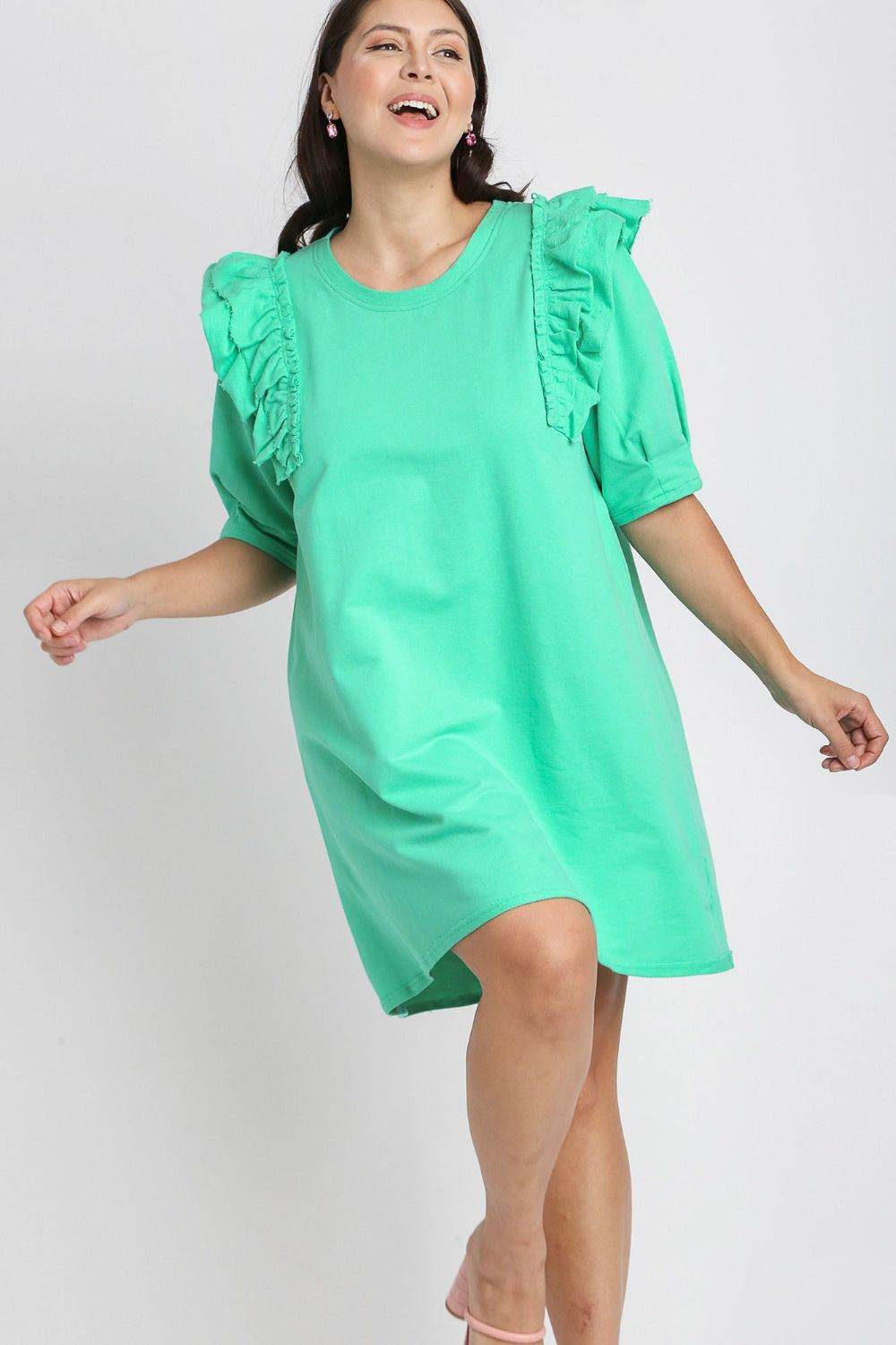 Umgee Full Size French Terry Ruffles Sleeve with Pleats Plus Size - Hovatok