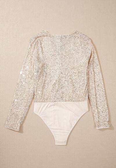 Sequin Surplice Long Sleeve Bodysuit - Hovatok