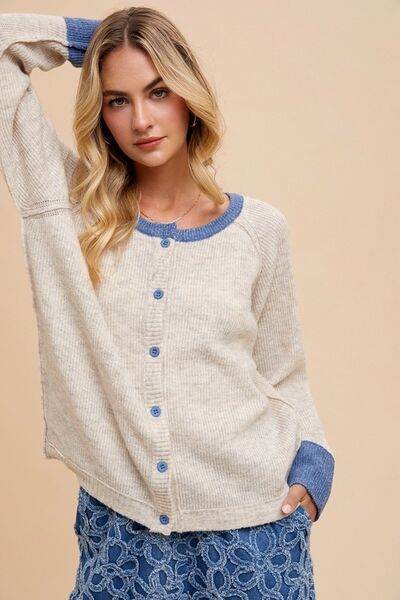 Annie Wear Contrast Trim Button Down Raglan Sleeve Cardigan - Hovatok