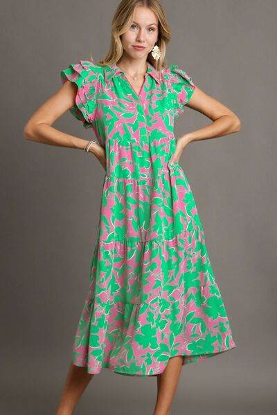 Umgee Full Size Floral Collared Ruffle Cap Sleeve Midi Dress Plus Size - Hovatok