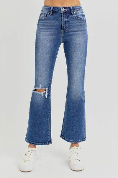 RISEN Full Size Distressed High Rise Crop Flare Jeans - Hovatok