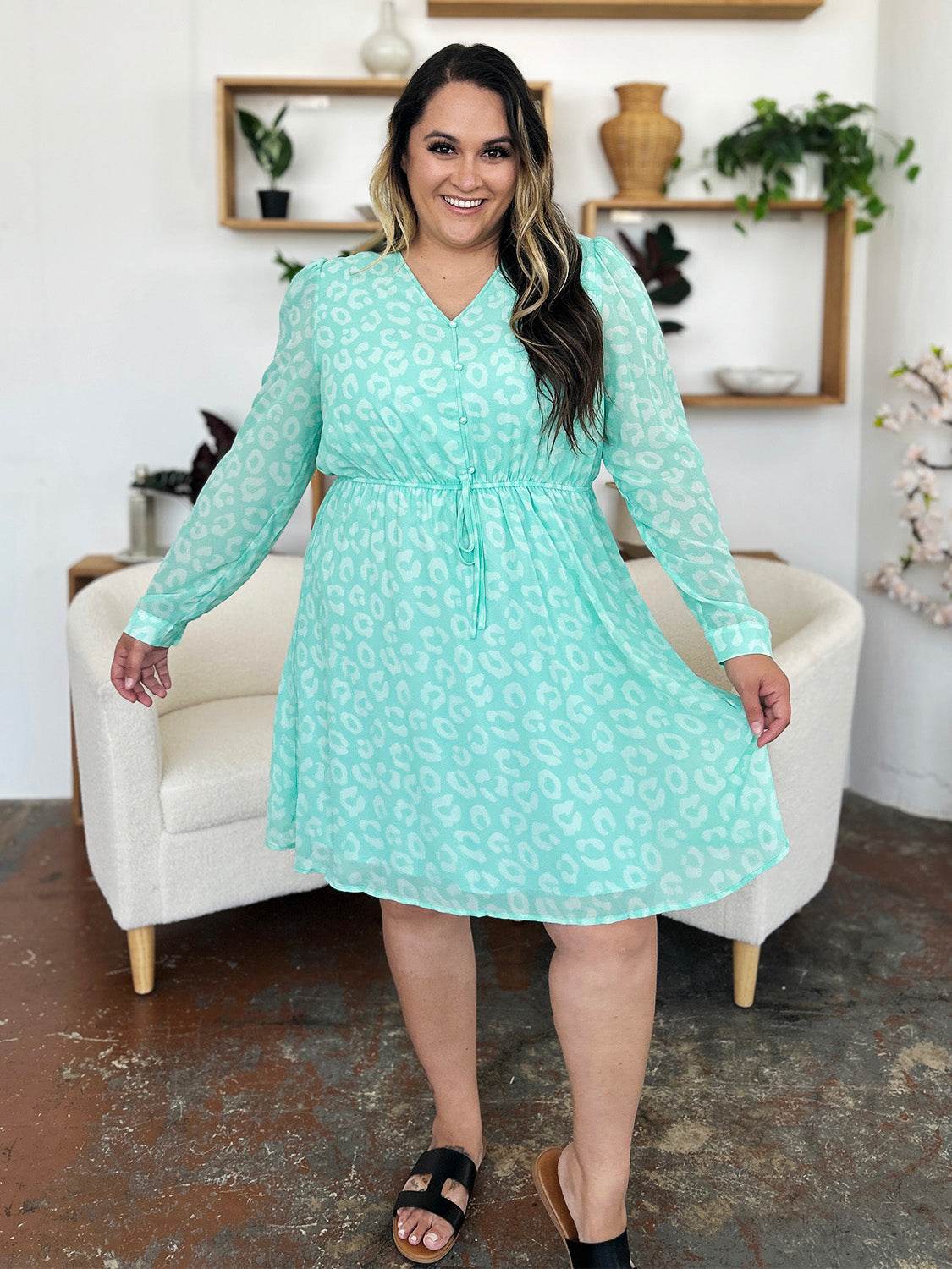 Double Take Full Size Printed Ruched V-Neck Long Sleeve Dress - Hovatok