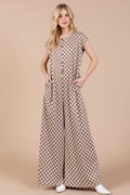 Ces Femme Checkered Half Button Cap Sleeve Jumpsuit - Hovatok