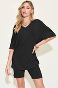 Basic Bae Bamboo Full Size V-Neck Drop Shoulder T-Shirt and Shorts Set - Hovatok