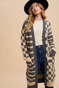 Annie Wear Checkered & Striped Open Front Long Sleeve Cardigan - Hovatok