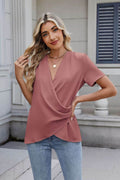 Solid Color Surplice Short Sleeve Blouse - Hovatok