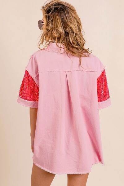BiBi Sequin Detail Raw Hem Short Sleeve Shirt - Hovatok