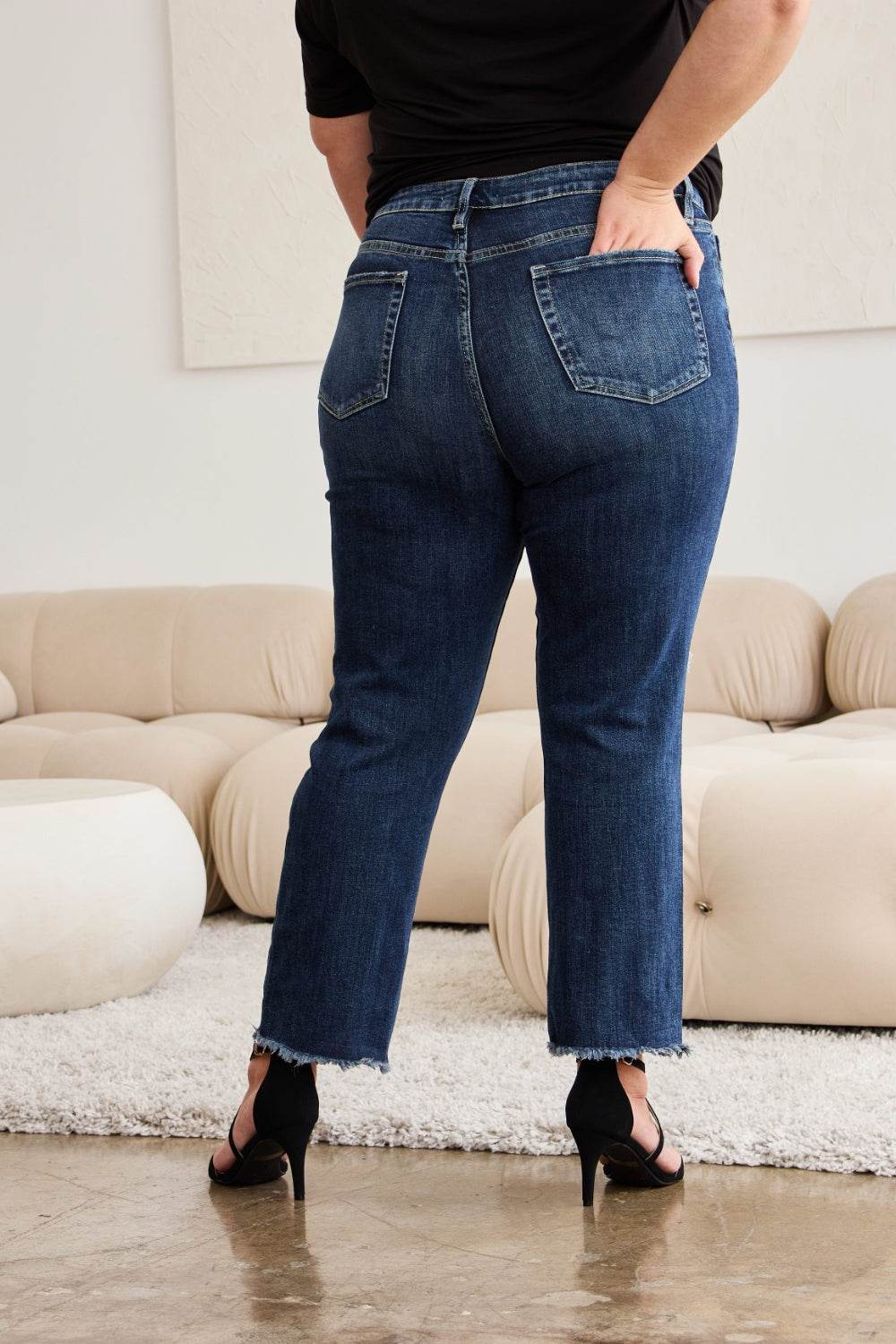 RFM Crop Dylan Full Size Tummy Control Distressed High Waist Raw Hem Jeans - Hovatok
