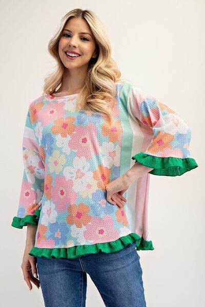 Celeste Full Size Floral Ruffle Hem Round Neck Blouse Plus Size - Hovatok