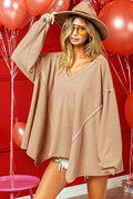 BiBi V-Neck Waffle Uneven Hem Top - Hovatok