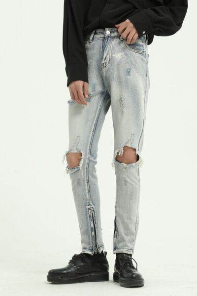 Pocketed Distressed Jeans with Side Zip - Hovatok