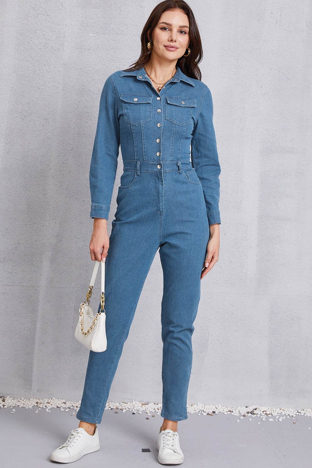 Snap Down Denim Jumpsuit with Pockets - Hovatok
