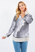 Celeste Full Size Contrast Stitching Notched Dropped Shoulder Blouse - Hovatok