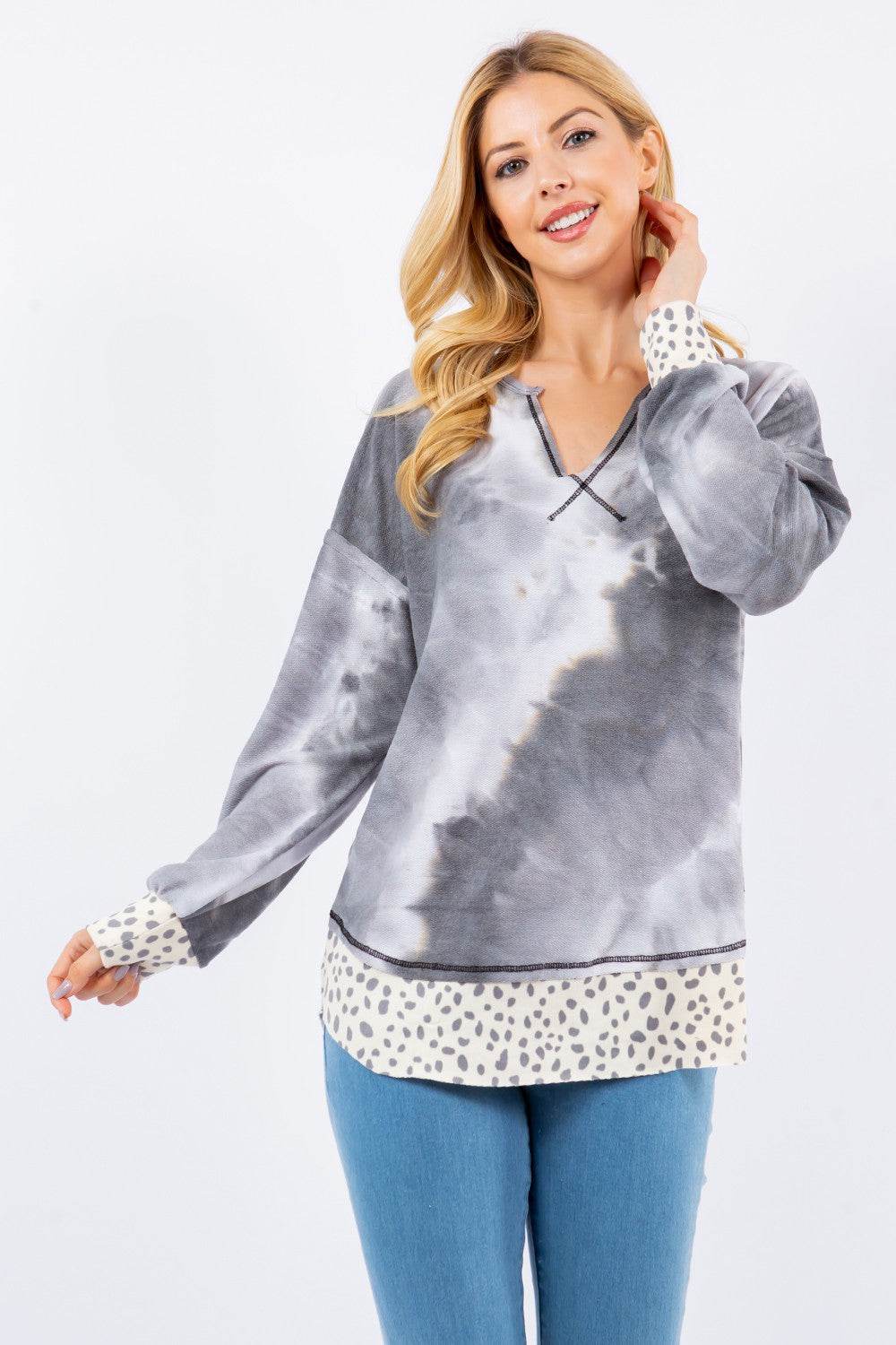 Celeste Full Size Contrast Stitching Notched Dropped Shoulder Blouse - Hovatok