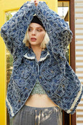 POL Flower Textured Raw Hem Long Sleeve Denim Jacket - Hovatok