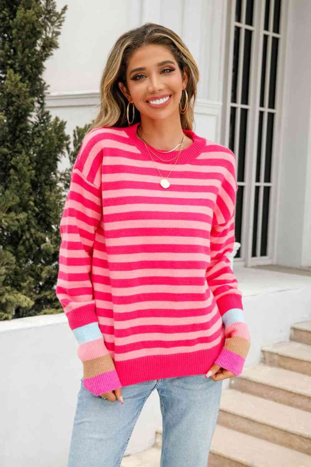 Angel Wings Warm Spice Striped Round Neck Sweater - Hovatok