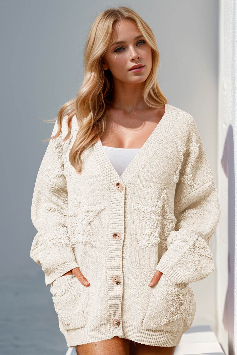 Double Take Full Size Button Up Star Pattern Cardigan - Hovatok