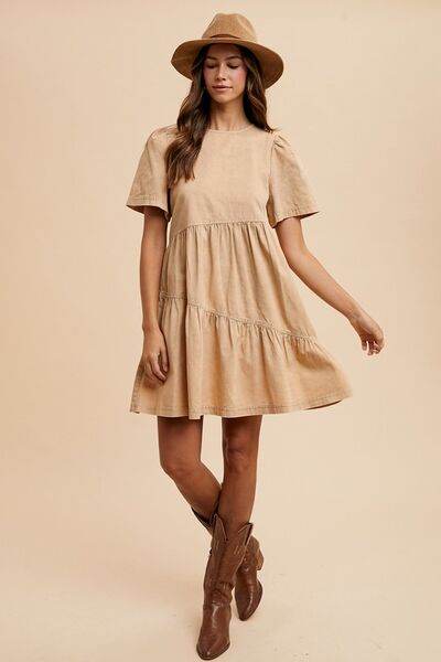 Annie Wear Mineral Washed Round Neck Short Sleeve Denim Dress - Hovatok