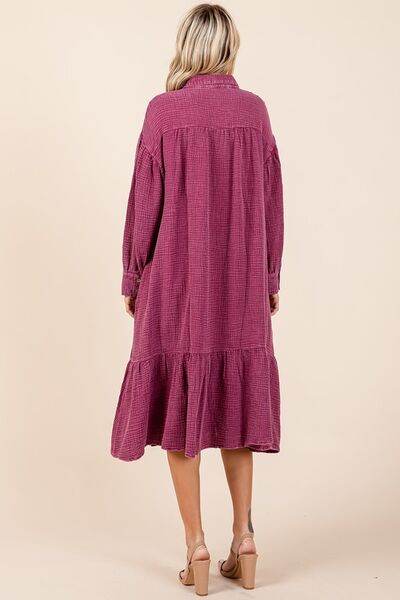 Mittoshop Mineral Wash Cotton Gauze Ruffle Midi Shirt Dress - Hovatok