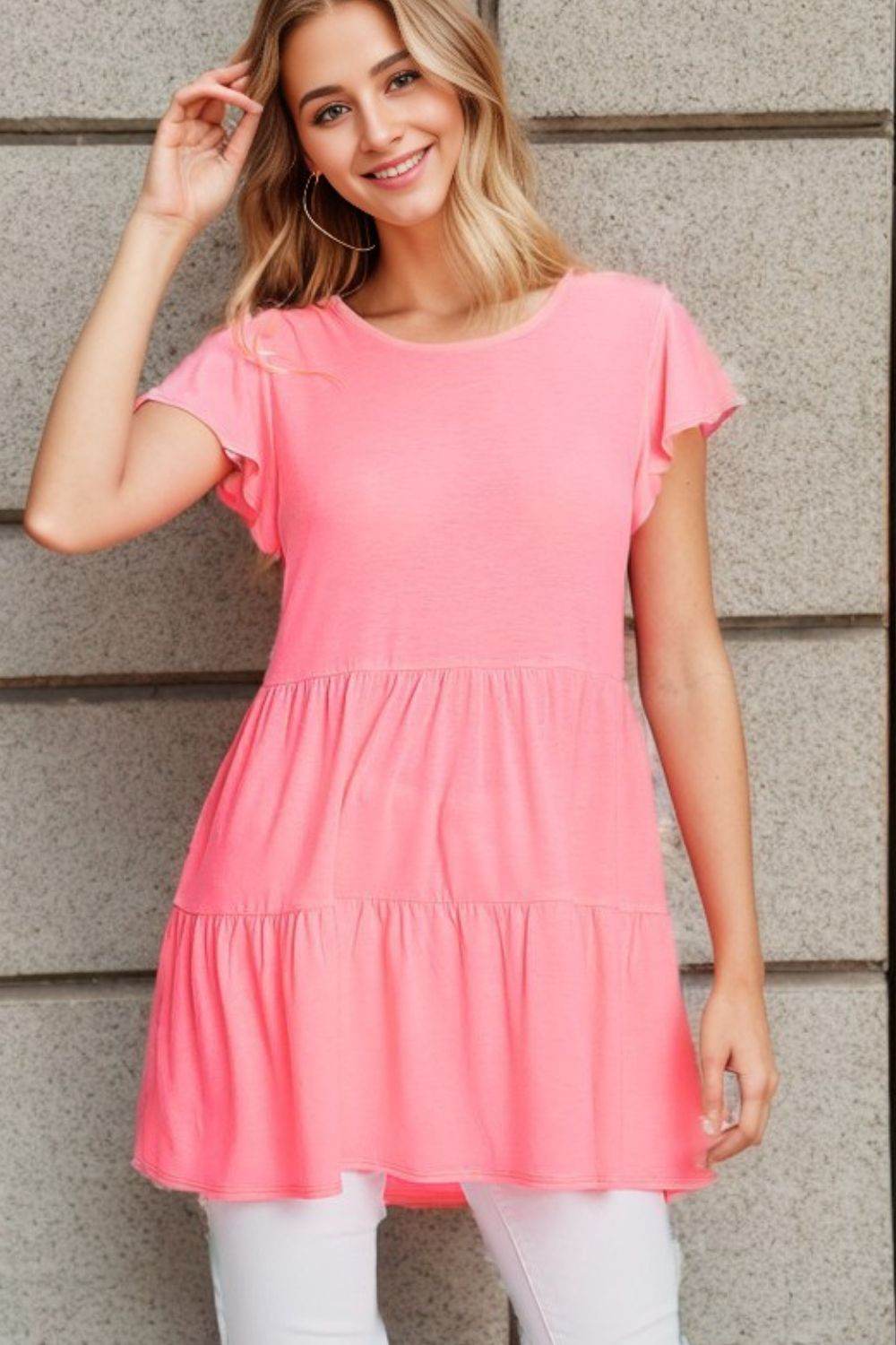 Heimish Full Size Tiered Round Neck Ruffle Sleeve Top Plus Size - Hovatok